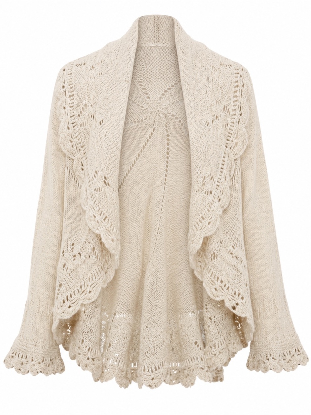 Open-Front Crochet Trim Cardigan Sweater in Cream
